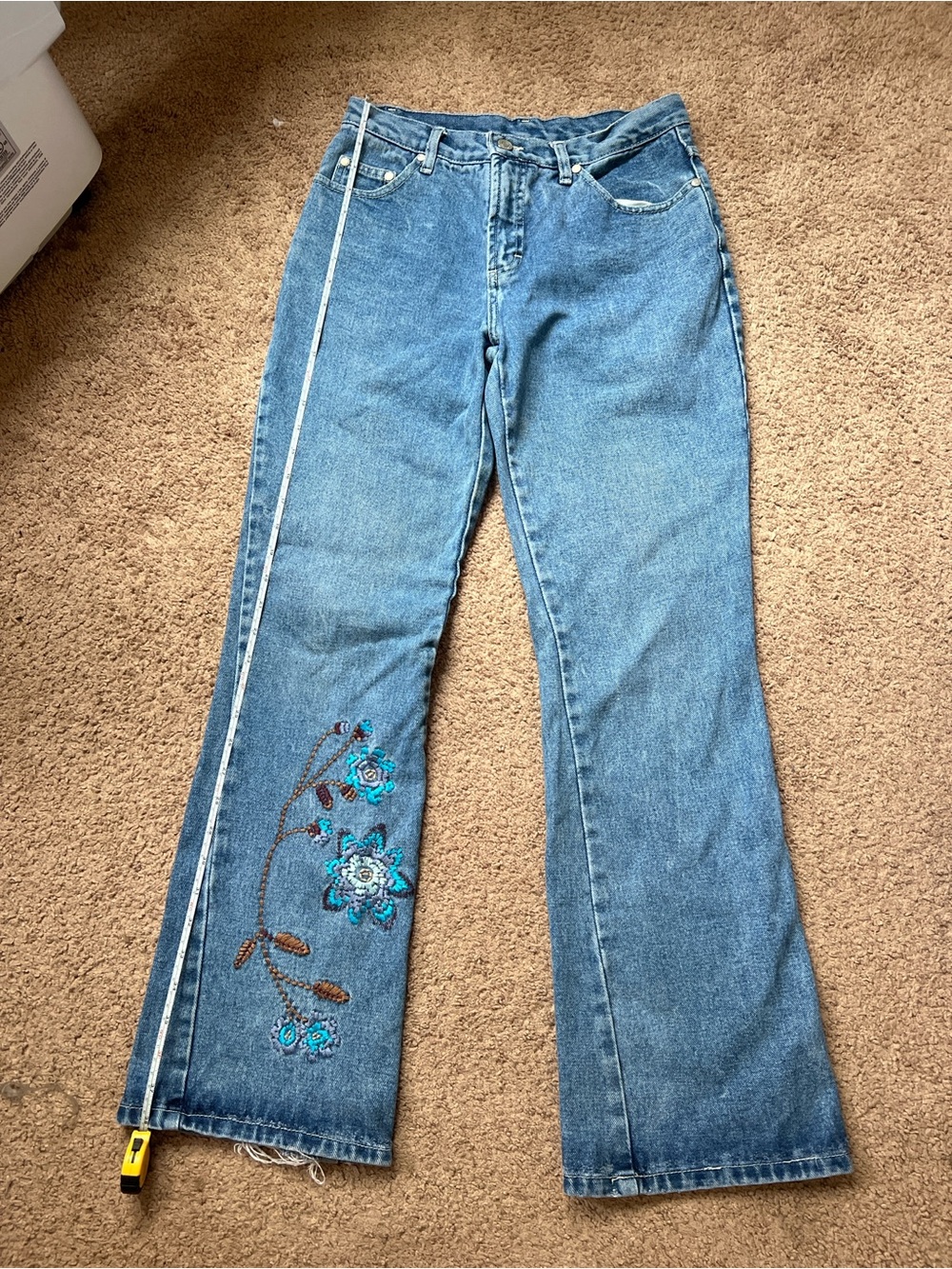 Vintage No Boundaries Blue Flare Jeans with Teal Floral Embroidery size women 5